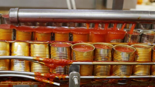 Cooked sardines or mackerels packed in aluminum cans are sent through clean production line of conveyor belts tomato or chill sauce filling machine in a modern industrial canning plant.