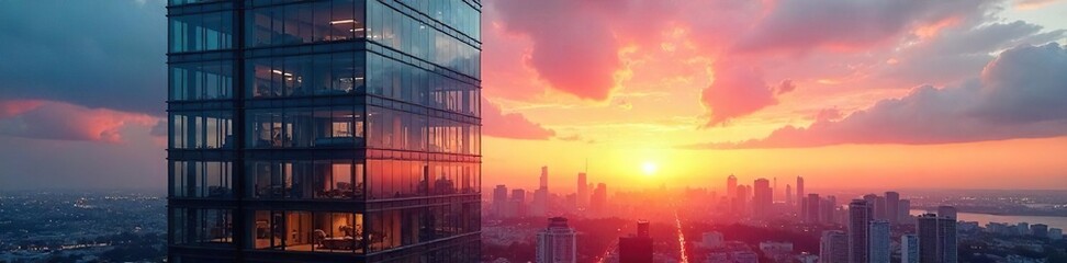 Fototapeta premium Modern Glass Office Tower Reflecting Sunset Cityscape A Stunning Image of Urban Success, Ideal for Corporate Real Estate and Architectural Presentations.