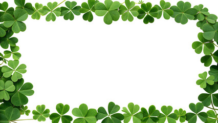 A rectangular frame is created with vibrant green clover leaves, isolated on transparent...