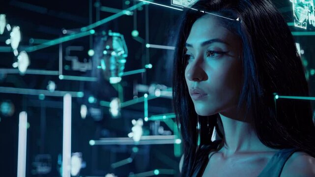 A woman interacts with a digital interface showcasing multiple facial recognition data points. This technological display highlights the capabilities and complexities of modern systems