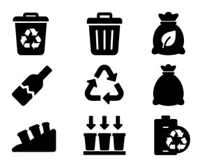 Recycling and waste management solid icon set. eco-friendly, sustainability symbols