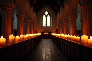 Fototapeta premium Candlelight Illuminates Rustic Church Interior Peaceful and Warm Atmosphere of Faith and Reflection