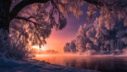 Winter sunrise over a frosted river