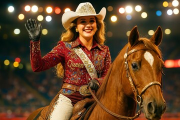Rodeo queen waves to the crowd during an evening performance at the local arena showcasing talented riders and vibrant festivities