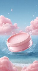 Pink cosmetic product floating over water, pastel clouds