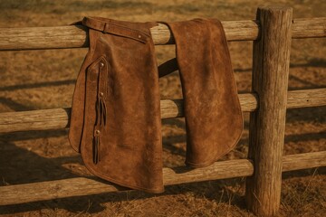 Rodeo gear hanging on a wooden fence in a rustic outdoor setting during late afternoon light