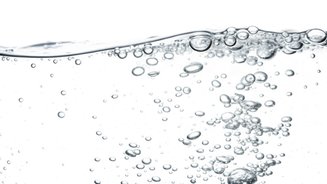Closeup of a water surface with many small bubbles rising to the top, isolated on transparent background, creating a refreshing and clean aesthetic
