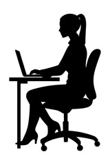 Silhouette of woman working on laptop at desk. Businesswoman typing at laptop. Black vector icon isolated on white background