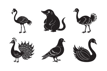 silhouette of black funny animal heron, turkey, pigeon ,peacock set bundle on the white background  