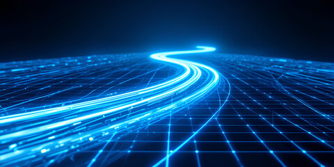 Blue AI Streams on a Moving Digital Road: A Futuristic Data Concept

