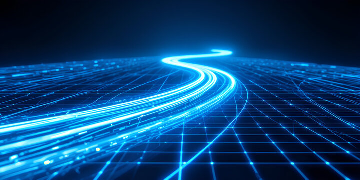 Blue AI Streams on a Moving Digital Road: A Futuristic Data Concept

