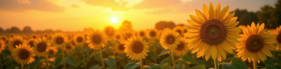 Obraz premium Golden hour sunbeams bathe towering sunflowers , scenic, meadow, warm