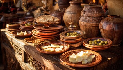 Rustic display of terracotta dishes and food
