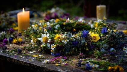 Colorful flower wreath on rustic wooden table