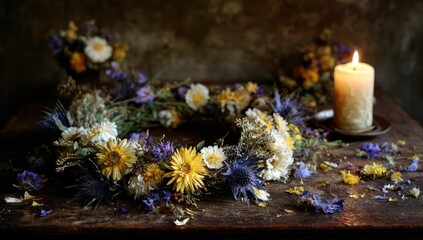 Dried flower wreath on rustic table