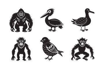 silhouette of black funny animal gibbon, gorilla  ,lemur , set bundle on the white background  