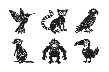 Obraz premium silhouette of black funny animal gibbon gorilla ,humming bird ,lemur ,meerkat, orangutan, set bundle on the white background 