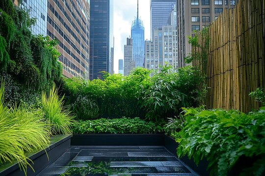 Small urban rooftop garden with lush greenery, raised planters, and a bamboo privacy screen, modern city building backdrop 