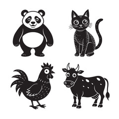 silhouette of black funny animal chicken, buffalo , cat, panda  set bundle on the white background  