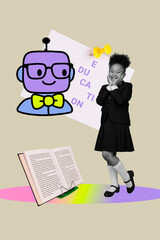 Vertical art 3d creative image collage of happy preteen schoolgirl stand striker education workload...