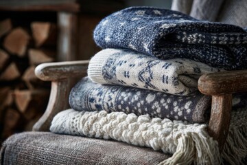 Stacked cozy blankets with winter patterns folded neatly on a comfortable armchair.