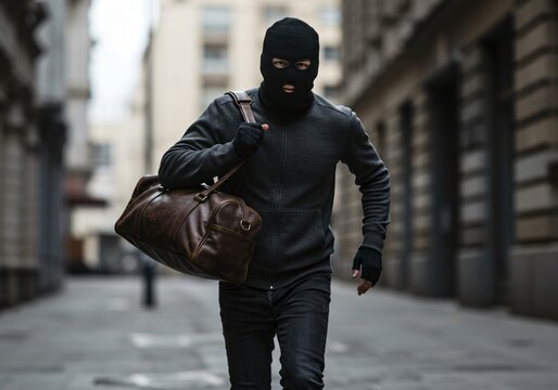 Masked thief running a dark city street, holding a money bag. Crime and illegal financial activity concept.