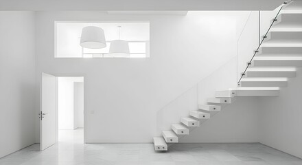 Fototapeta premium Minimalist Modern White Interior with Cantilevered Staircase and Marble Flooring in Open Architectural Space