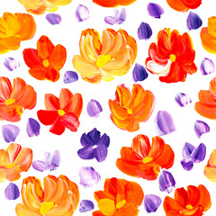 Seamless pattern of abstract red and orange flowers, original hand drawn, impressionism style, color texture, brush strokes of paint, white background.