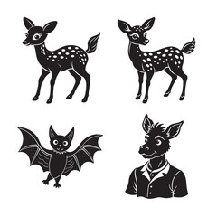 silhouette of black funny animal reindeer, bat, and funny deer head bundle on the white background  