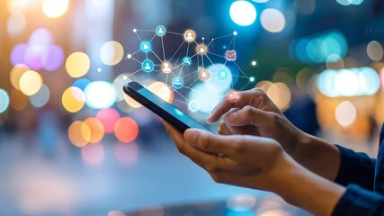Person using smartphone with abstract social media network concept overlay display background - Powered by Adobe