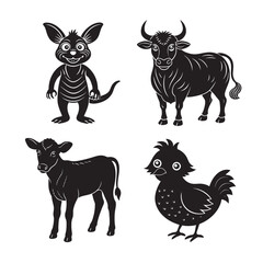 silhouette of black funny animal ,calf , chicken ,bull bundle on the white background  