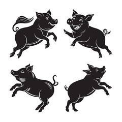 silhouette of black funny animal jumping on pig bundle on the white background  
