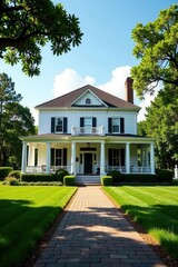 Fototapeta premium Grand Southern mansion, wide wraparound porch, classic columns, old, serene