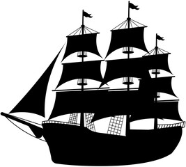 Old style retro ship of galleon silhouette, Columnbus Day graphic element