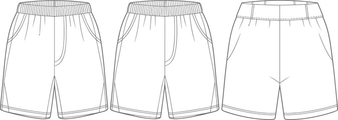 Men's Color Block Elastic Waistband Shorts Mockup: Front, Side, and Back Views, Ideal for Sportswear Design, Activewear Apparel, and Product Visualization Templates.