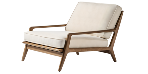 A midcentury modern beige armchair with wooden legs, isolated on transparent background, exudes comfort and style in any living space