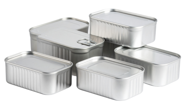 A Some simple rectangular shaped metal cans on a plain white surface in png.