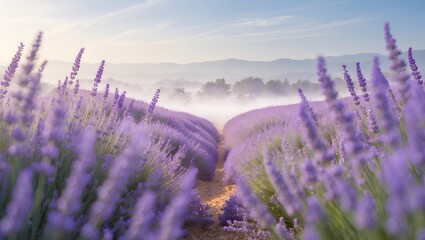 Obraz premium Lavender Field in Mist: A breathtaking panorama of a lavender field unfolds, rows of vibrant purple flowers leading the eye towards a misty horizon, bathed in the soft light of dawn.