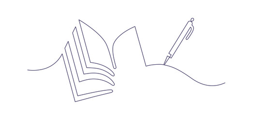 Open book and pen. Continuous one line Vector sign