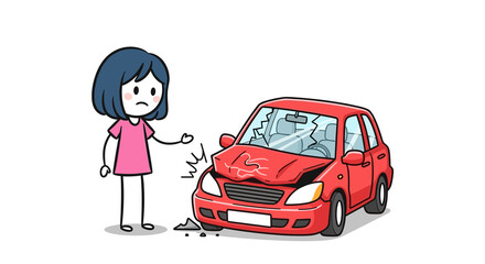 Stick figure girl in a pink dress looks sad as she stands next to her car wreck after being involved in a car accident - isolated white background cartoon illustration