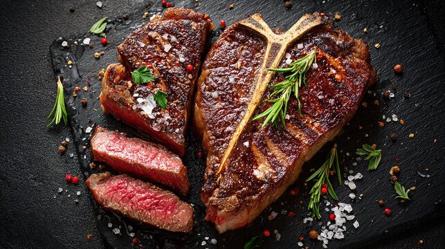 Dry Aged Barbecue Porterhouse Steak T-bone beef steak sliced with large fillet piece with herbs and salt