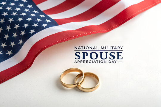 National Military Spouse Appreciation Day concept. Honoring the love, support, and sacrifice of military partners with wedding rings and the American flag generative ai