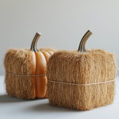Two decorative pumpkins, one orange and one hay-covered,  sitting on a white surface