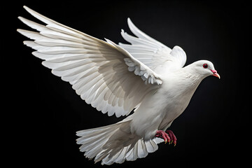 Obraz premium A beautiful white dove of peace flying with wings spread. A spiritual symbol of hope, freedom, and purity isolated on a black background. generative ai