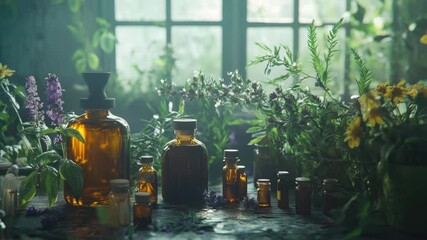 A still life scene with various essential oil bottles and fresh flowers