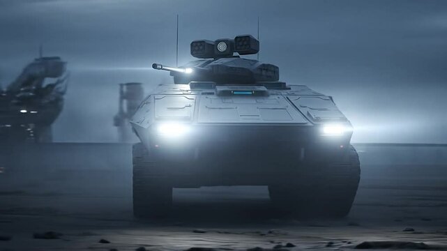 Futuristic Armored Vehicle: Advanced Military Technology in Action on Dark Battlefield
