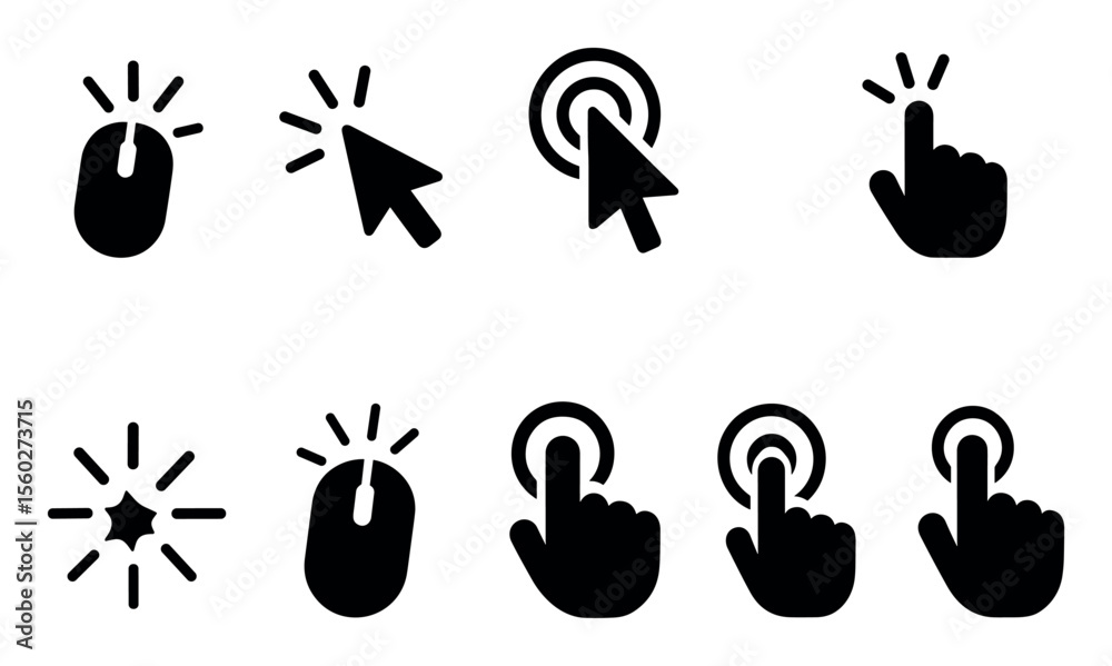 Poster cursor and pointer silhouette icon set. click and tap icons for digital interfaces