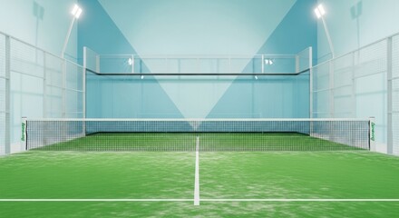 A symmetrical view of an empty indoor padel court with green turf, light blue walls, and bright overhead lights.