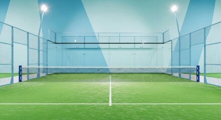 Fototapeta premium A view from the side of a modern, empty indoor padel court with a green floor, blue walls, and a glass enclosure under bright lights.