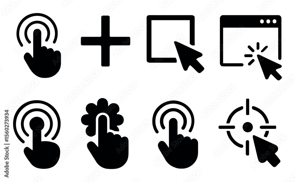 Poster user interface solid icon set. touch, click symbols in solid style for ui